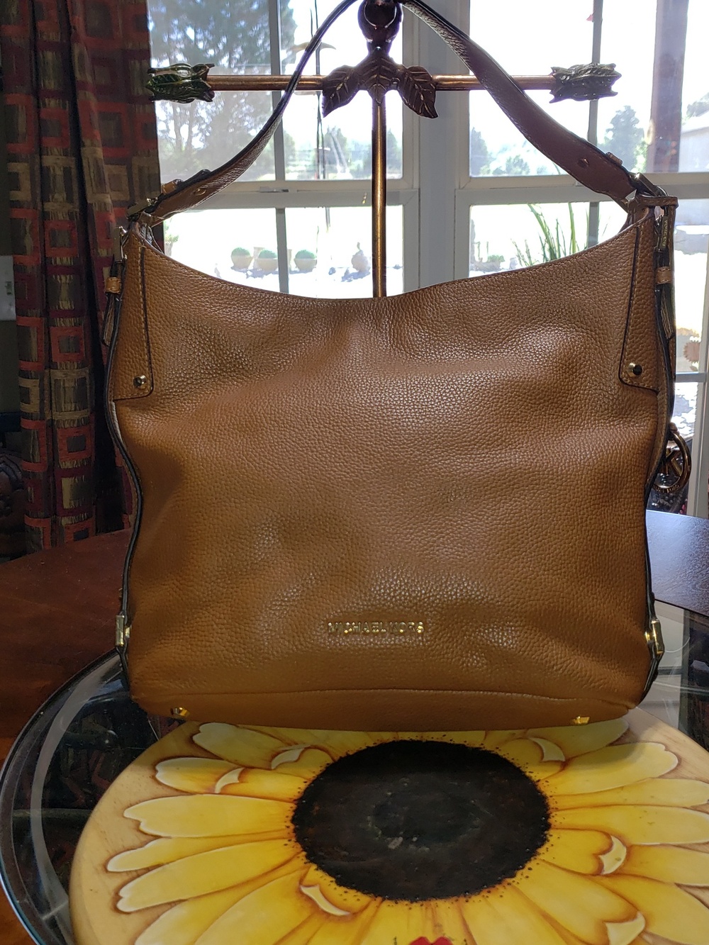 Michael Kors Lydia Pebble Leather Hobo Shoulder Bag Tan Gold‎ MK Logo